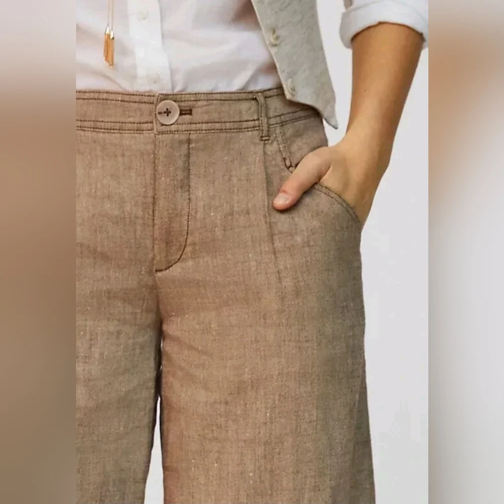 Anthropologie Linen Low-Rise Wide Leg Pants Tan Beige Waist 29 - Picture 4 of 15